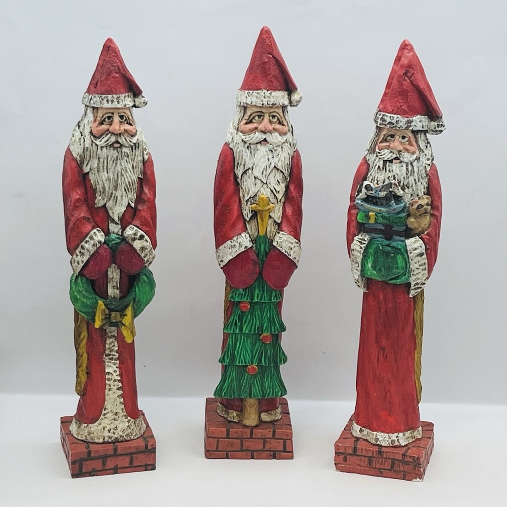 Myron Bowman Signed Santa Claus Figurines Set of 3 Folk Art Resin Statues 10in